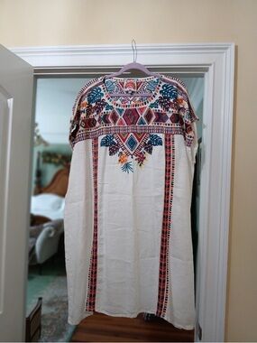 Johnny Was Cream Embroidered Boho Maxi Dress with Multicolor Floral Accents